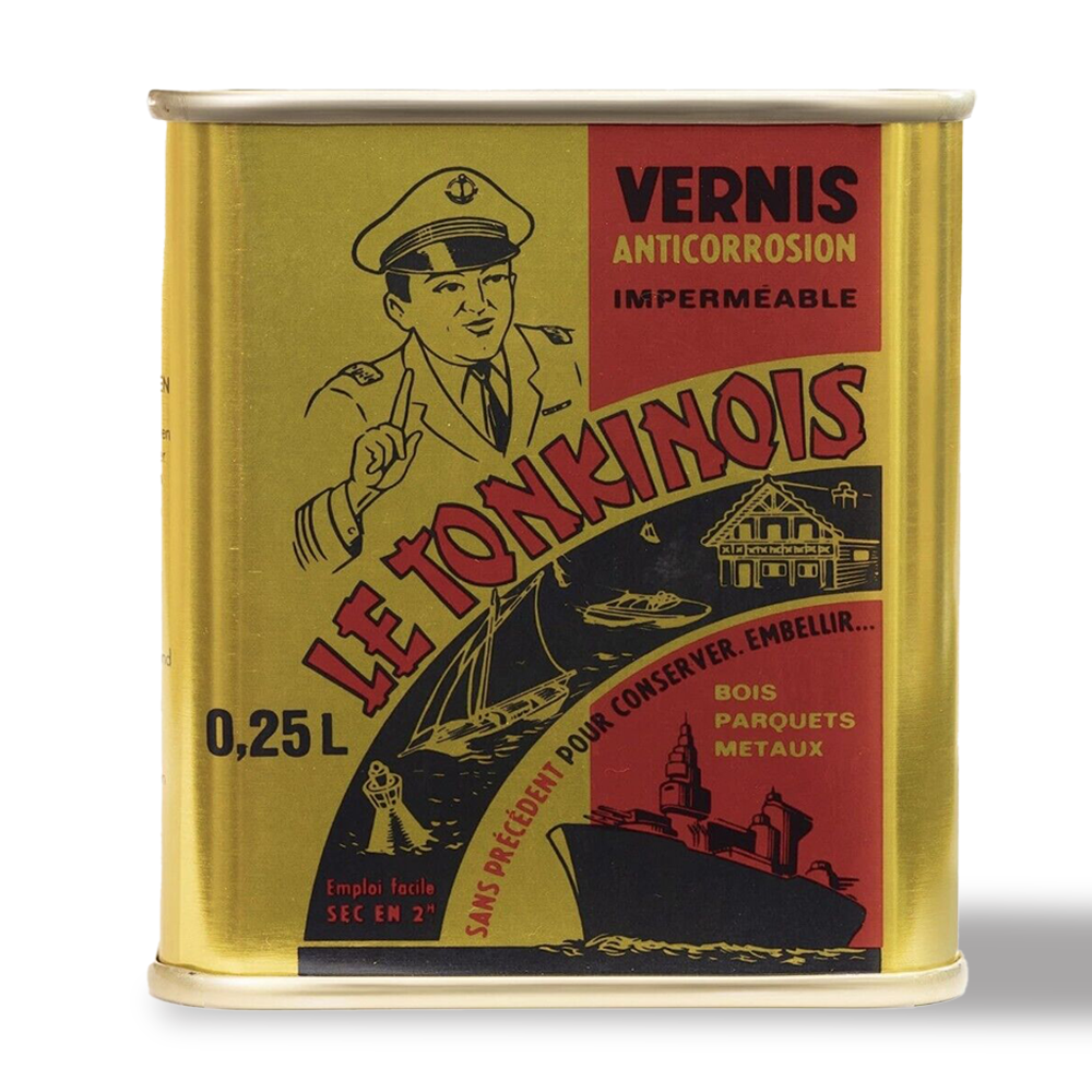 Dose Le Tonkinois VERNIS Naturöl-Lack mit 0,25 Liter Inhalt, goldfarbenes Etikett mit rotem Schriftzug