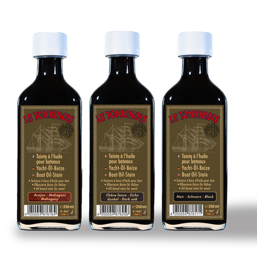 Flasche Le Tonkinois 250 ml Öl-Beize mit weißem Schraubverschluss, auf dem Etikett ein Segelschiff-Symbol