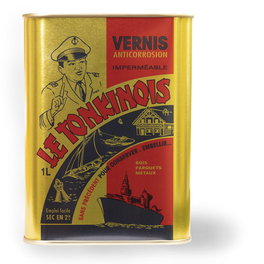 Dose Le Tonkinois VERNIS Naturöl-Lack mit 1 Liter Inhalt, goldfarbenes Etikett mit rotem Schriftzug